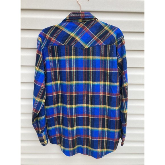 Vintage William's Bay Men's Flannel Shirt Blue Yellow, Red, Pearl Snap Large - Picture 2 of 15